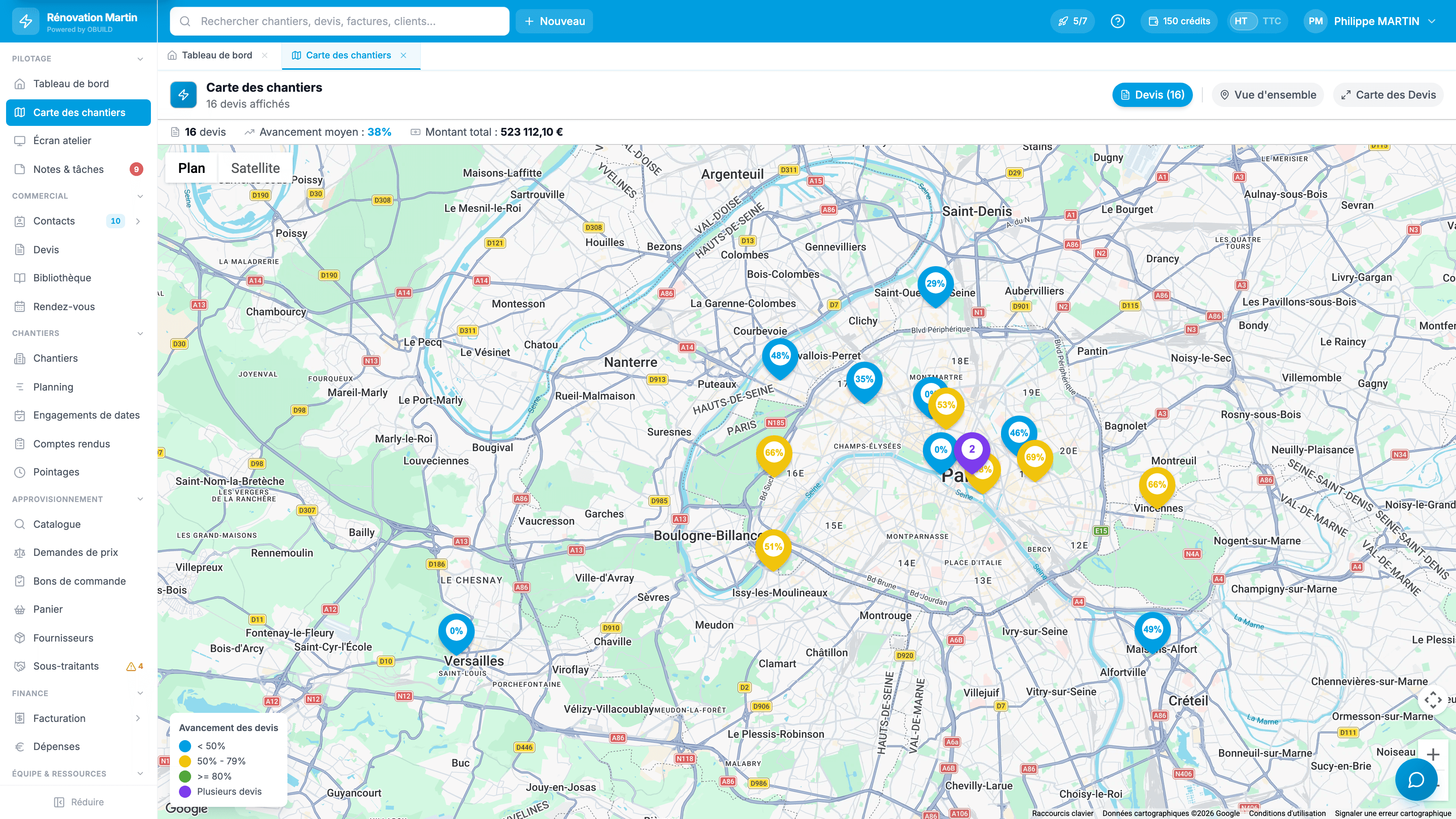 Carte des chantiers en Île-de-France
