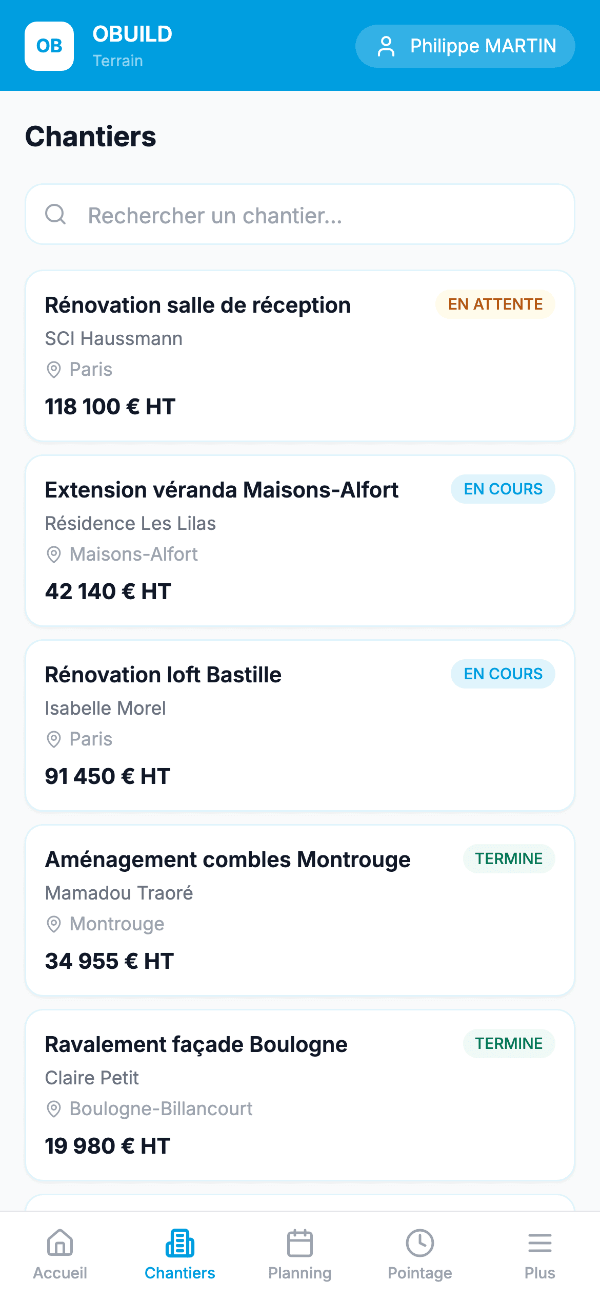 Liste des chantiers sur mobile
