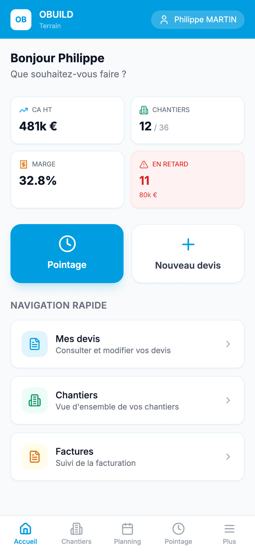 OBUILD sur mobile — tableau de bord