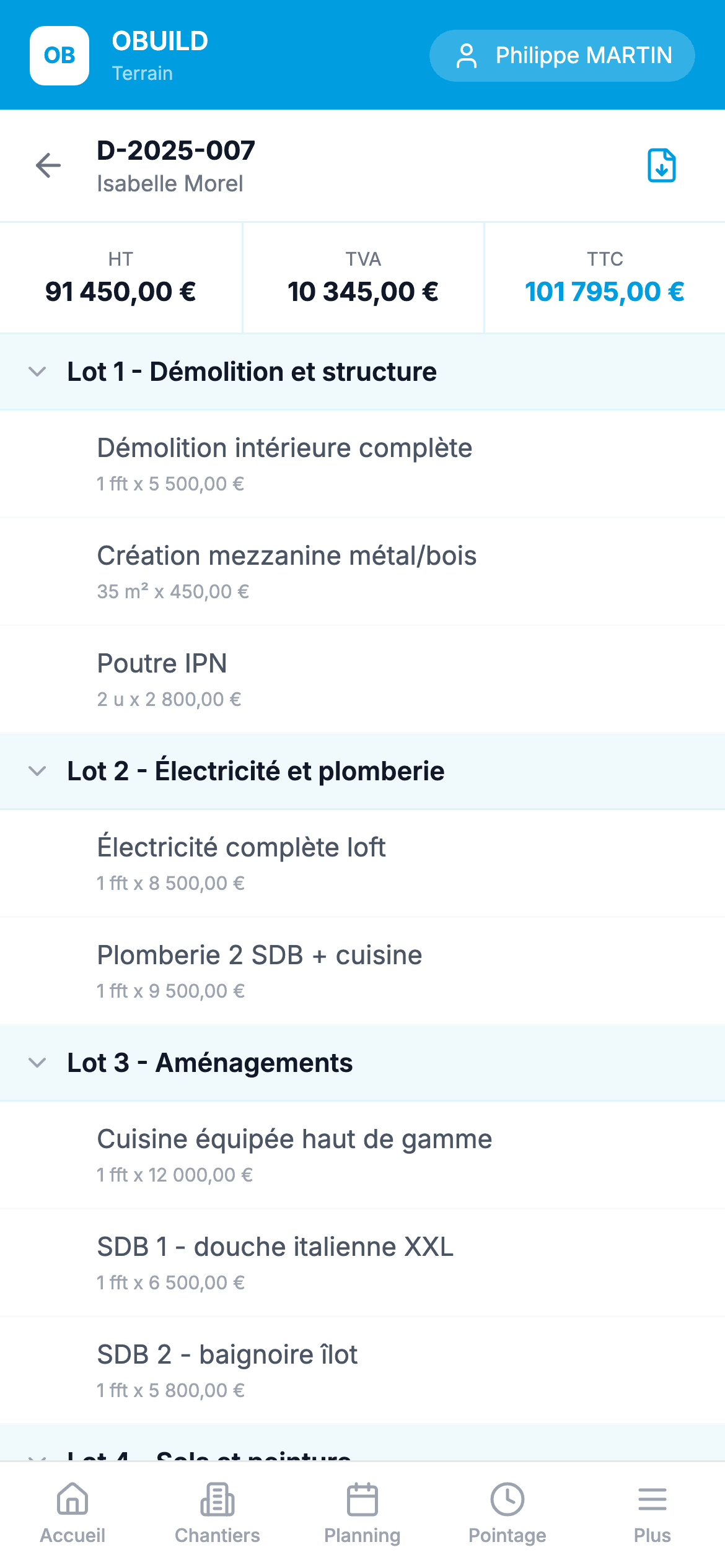 Détail d'un devis sur mobile