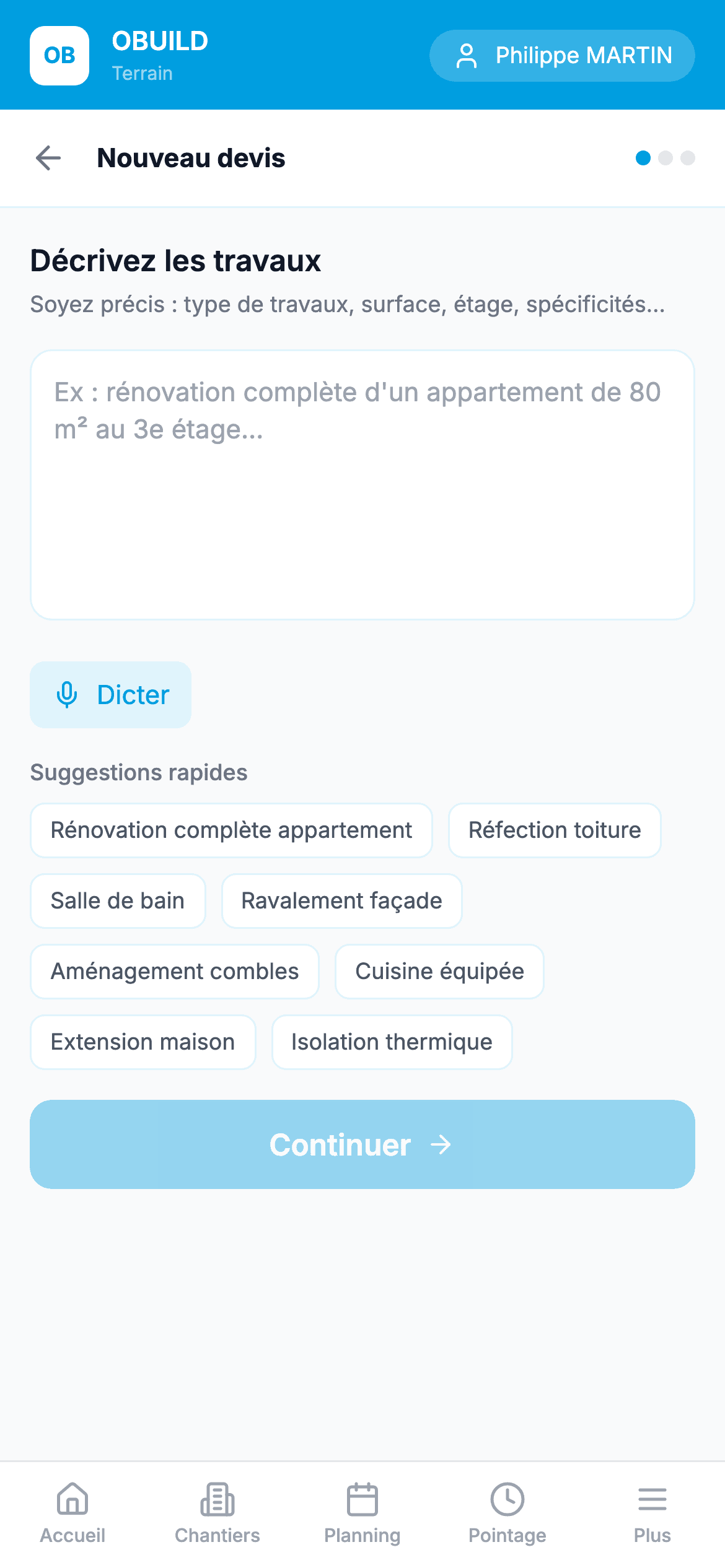 Nouveau devis assisté par l'IA sur mobile